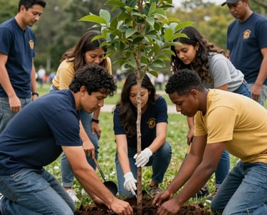 A diverse North American community group planting a tree together in a public park, focusing on collaboration and shared responsibility, professional photography, Navy and Gold colors.