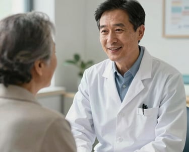 A North American healthcare professional in a white coat speaking kindly with an elderly patient in a bright, modern clinic, conveying trust and compassion, professional photography style.