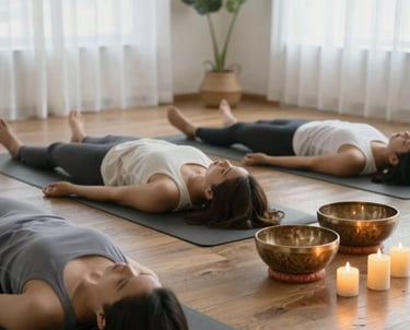 A small group practicing yoga on mats in a sun-dappled forest clearing with mountain peaks in the distance.