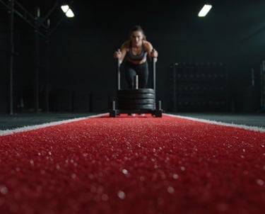 Heavy-duty indoor gym turf installation in Stuart, FL, featuring a high-traction red synthetic