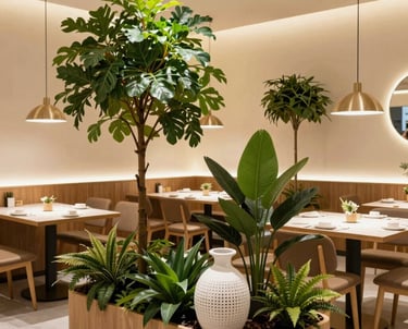Bright and airy office meeting room featuring stylish artificial plants and minimalist decor.