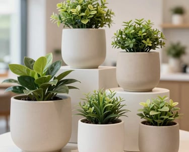 Modern office lobby decorated with lush artificial green plants and warm lighting