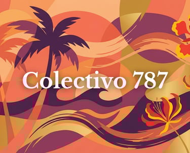 Tropical Colectivo 787 graphic art with palm trees, hibiscus flowers, and ocean waves.