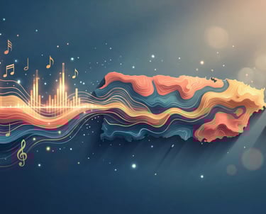 Abstract artistic map of Puerto Rico featuring flowing music notes and glowing sound waves.