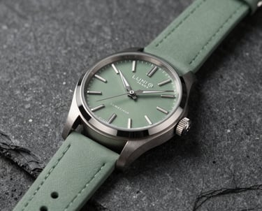 Still life photography of a high-end luxury watch on a dark stone surface, representing the premium brand campaigns handled by LUNIQ HEADS. Sage green and charcoal palette.