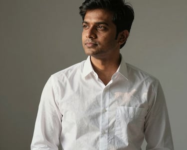 A minimalist studio portrait of Dhawal D Mangrulkar, South Asian / Indian, wearing a clean white shirt, looking thoughtful, with warm side lighting.