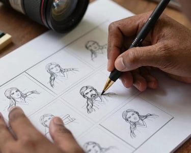 A close-up shot of hands sketching a storyboard on premium paper, South Asian / Indian, reflecting the meticulous planning behind our films.