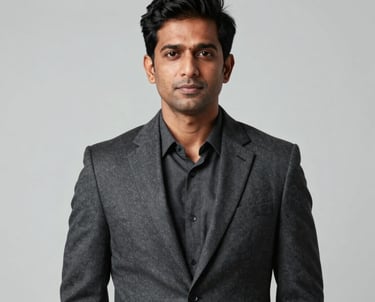 A minimalist studio portrait of Dipak Narale, South Asian / Indian, dressed in a professional charcoal blazer against a light gray background.