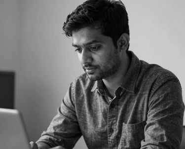 A black and white portrait of a focused creative professional, South Asian / Indian, working in a minimalist studio in Pune. Cinematic side lighting.