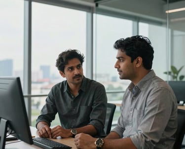 Two creative partners, South Asian / Indian, having a collaborative discussion in a modern office with large glass walls overlooking Pune city.