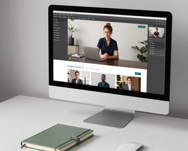 A minimalist workspace with a large monitor displaying a brand campaign video, a clean white table, and a sage green notebook. No clutter.