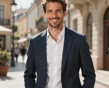 A professional portrait of a male content producer in his 30s, wearing professional attire, standing in a sunlit studio with a warm European vibe, smiling confidently at the camera.