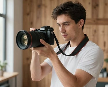 A professional portrait of a man in his late 20s, a photographer, holding a high-end camera in a bright, modern studio space with rustic wooden textures in the background.