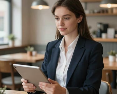 A professional portrait of a young woman in professional attire, a marketing specialist, holding a tablet in a cozy, scandinavian-style restaurant setting with soft natural light.