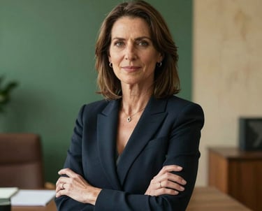 A professional portrait of a woman in her 40s, the agency founder, in a sophisticated office with forest green accents and warm parchment walls, reflecting an approachable yet professional leader.