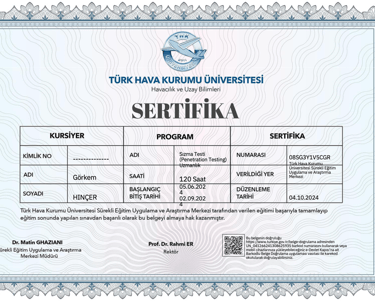 Official certificate for Penetration Testing from Turk Hava Kurumu University issued to Gorkem Hincer.