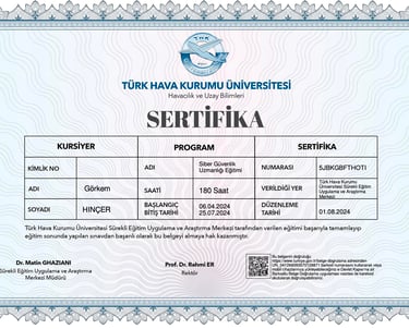 Official Turkish Aeronautical Association University cybersecurity training certificate for Görkem Hinçer.
