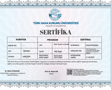 Official Cybersecurity Specialist certificate from University of Turkish Aeronautical Association for Görkem Hinçer.