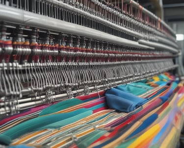 A skilled technician inspecting a high-tech textile machine in a bright industrial workshop.