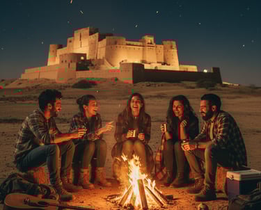 Friends enjoy a desert campfire at night with an illuminated historic fort in the background.
