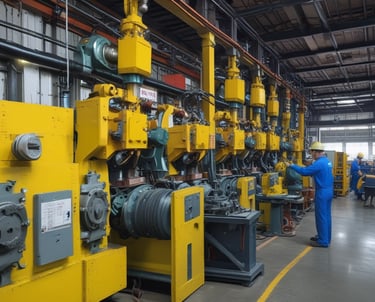 Technician performing industrial metal machinery maintenance in a factory setting.