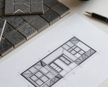 Architectural technical drawing on a desk next to a pile of dark grey mosaic samples, professional and creative workstation.