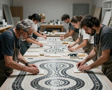 A group of focused craftspeople in a workshop in Spain, laying out mosaic tiles on a large floor design, soft industrial lighting, monochromatic tones.