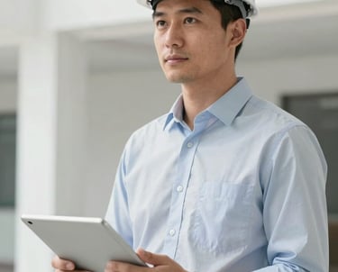 A portrait of a site manager in a clean white architectural setting, holding a tablet, looking professional and reliable.