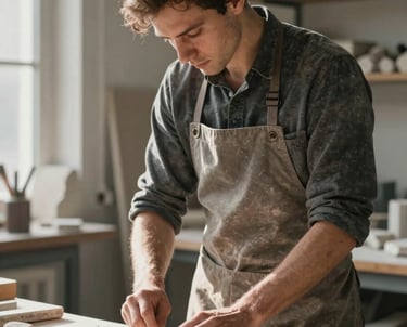 A portrait of a male craftsman in a grey apron, working in a sunlit studio, surrounded by stone fragments, professional photography.
