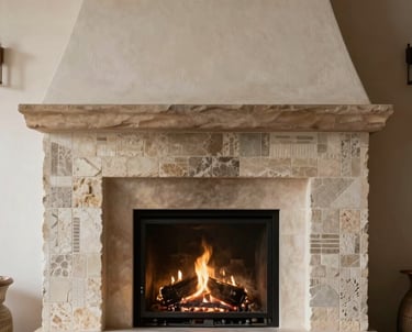 A minimalist fireplace surrounded by a border of monochromatic stone mosaic, warm ambient light, serene Spanish home setting.