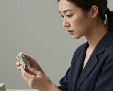 A portrait of a woman looking at stone samples against a neutral background, professional and expert demeanor, minimalist aesthetic.