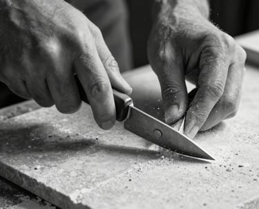 A close-up of an artisan's hands cutting a stone tile with precision tools, stone dust in the air, dramatic black and white lighting.