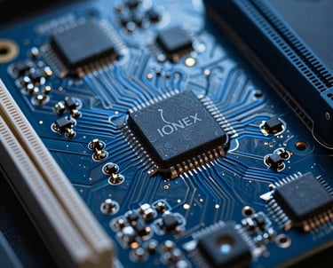 A close-up of an electronic circuit board, representing the advanced engineering inside IONEX products. High-tech, dark blue lighting. International / Global.