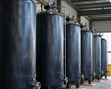 A row of high-pressure water purification tanks in a modern industrial facility. The composition is linear and orderly, utilizing mid blue and charcoal black colors. International / Global industrial architecture.