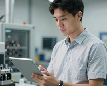 A portrait of a male engineer looking at a tablet screen in a facility. The setting is clean and modern. International / Global.