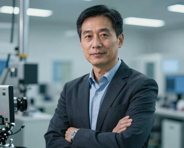 Portrait of a technical director in a high-tech manufacturing facility environment. International / Global industrial setting with soft mid blue lighting.