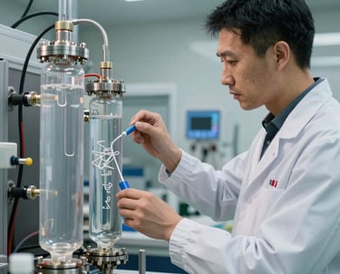 A professional engineer in technical attire inspecting a water deionization module. The lighting is professional and realistic. International / Global scientific setting.