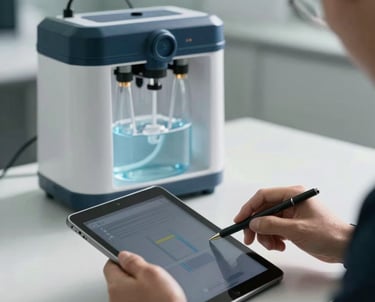 Technical professional working on a tablet, with a water purification system in the blurred background. Professional, high-contrast lighting.