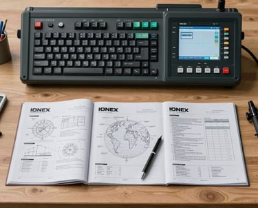 A top-down view of a modern engineering drafting table with the IONEX controller and technical manuals. International / Global professional setting.