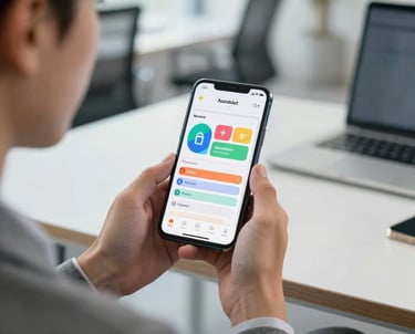 A person in professional attire sitting in a modern US office, holding an Android phone. The screen displays a colorful budget tracking app. Bright, airy composition.
