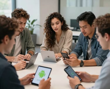 Action shot of a group of diverse tech professionals in a US office collaborating around a table with several Android devices. The scene is innovative and energized.