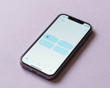 Photography of an Android phone resting on a pale lavender fabric surface. The screen shows a minimalist fitness tracker app with light blue buttons. Soft, elegant lighting.
