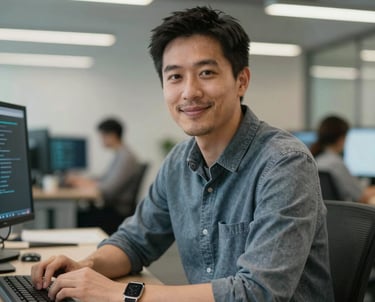 A professional portrait of a software engineer in a modern North American tech hub office. They are looking toward the camera with a friendly expression. Soft, bright office lighting.