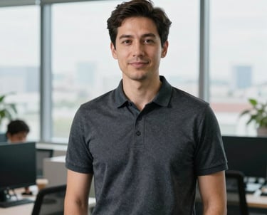 Portrait of a male lead developer in a modern technology office setting. He is wearing a dark slate gray polo shirt and standing in front of a window. Natural daylight.