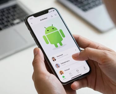Close-up of a North American person's hands holding a sleek, modern smartphone, displaying a vibrant and intuitive Android application interface. The screen shows a clean design with practical features, emphasizing ease of use. The background is a subtly blurred contemporary workspace, suggesting productivity and innovation. Bright, soft, and professional lighting. The composition focuses on the interaction between the user and the application, highlighting a user-centric experience. High-quality, modern product photography.