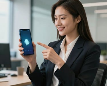 Photography of a professional woman in a modern office, holding an Android phone and pointing to the screen. She is smiling and looks approachable.