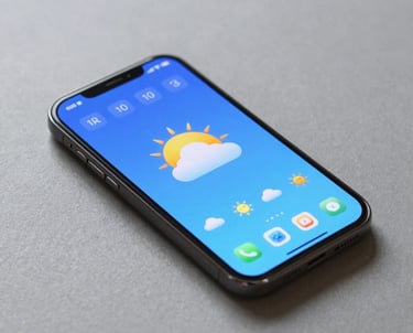 Photography of an Android phone lying on a clean slate gray surface. The screen shows a vibrant, colorful weather app interface with a soft light blue glow. Modern, professional lighting.