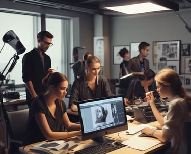 A sleek camera rig set up on a dimly lit film set with crew members preparing for a shoot.