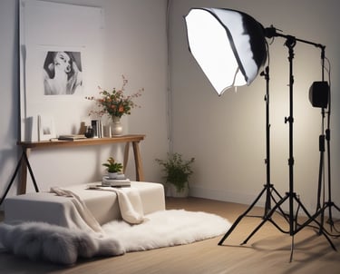 A sleek camera rig set up on a dimly lit film set with crew members preparing for a shoot.