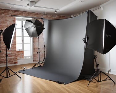 A sleek camera rig set up on a dimly lit film set with crew members preparing for a shoot.